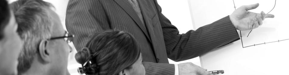 Ein Mann steht an einem Flipchart und erklärt zwei Personen ein Zahlendiagramm.